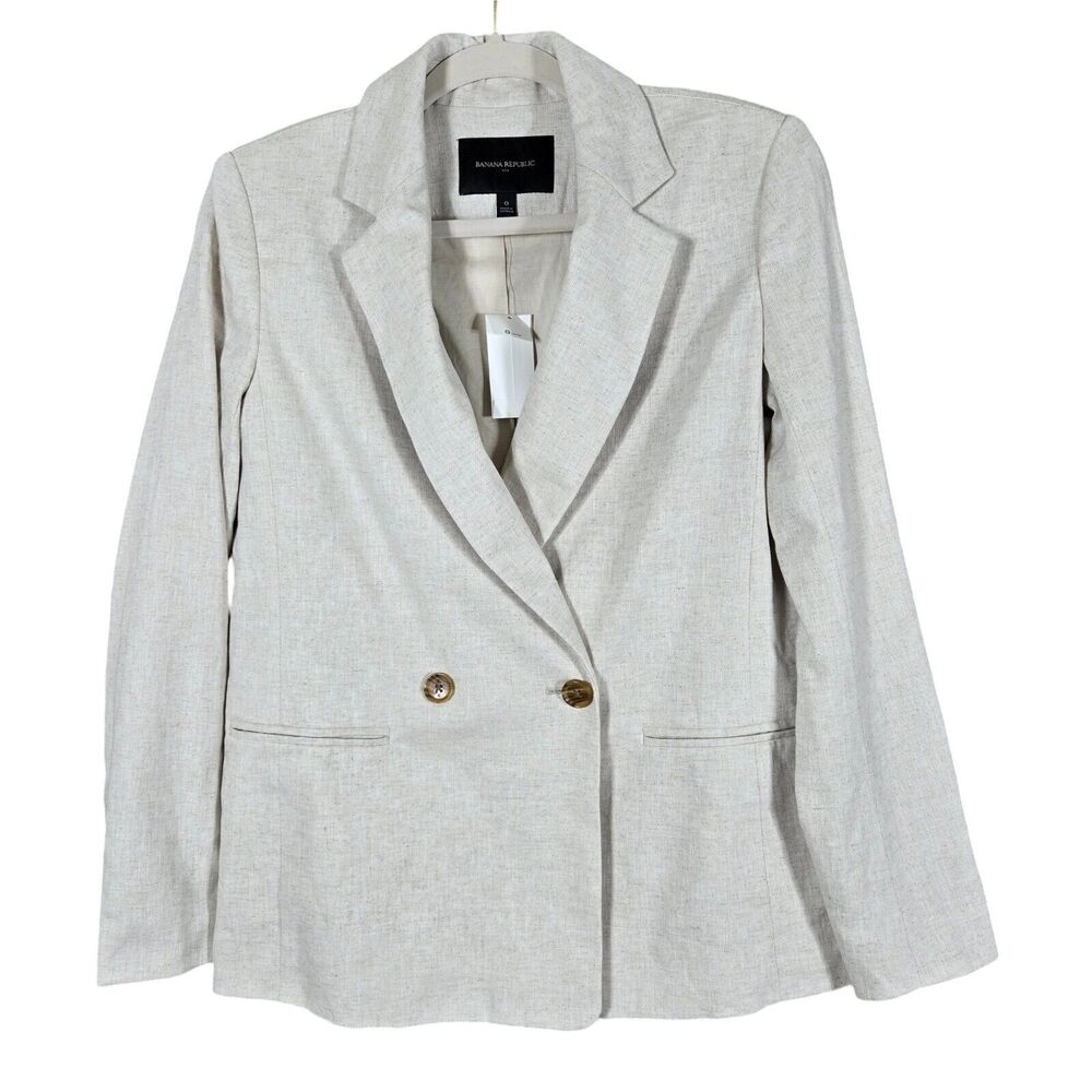 Banana Republic Blazer Womens 0 Linen Blend Double Breasted Natural‎ Flax Lined